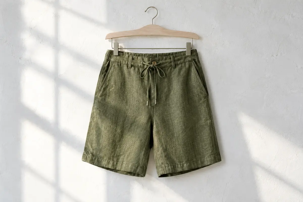 Bermuda de lino verde oliva con pretina elástica, cordón y bolsillos laterales, colgada en una percha