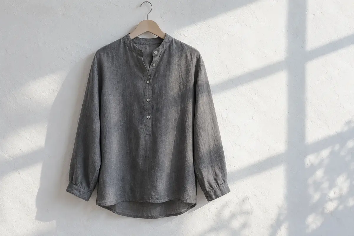 Blusa de lino gris humo con cuello mao, media botonadura y manga larga, colgada en una percha