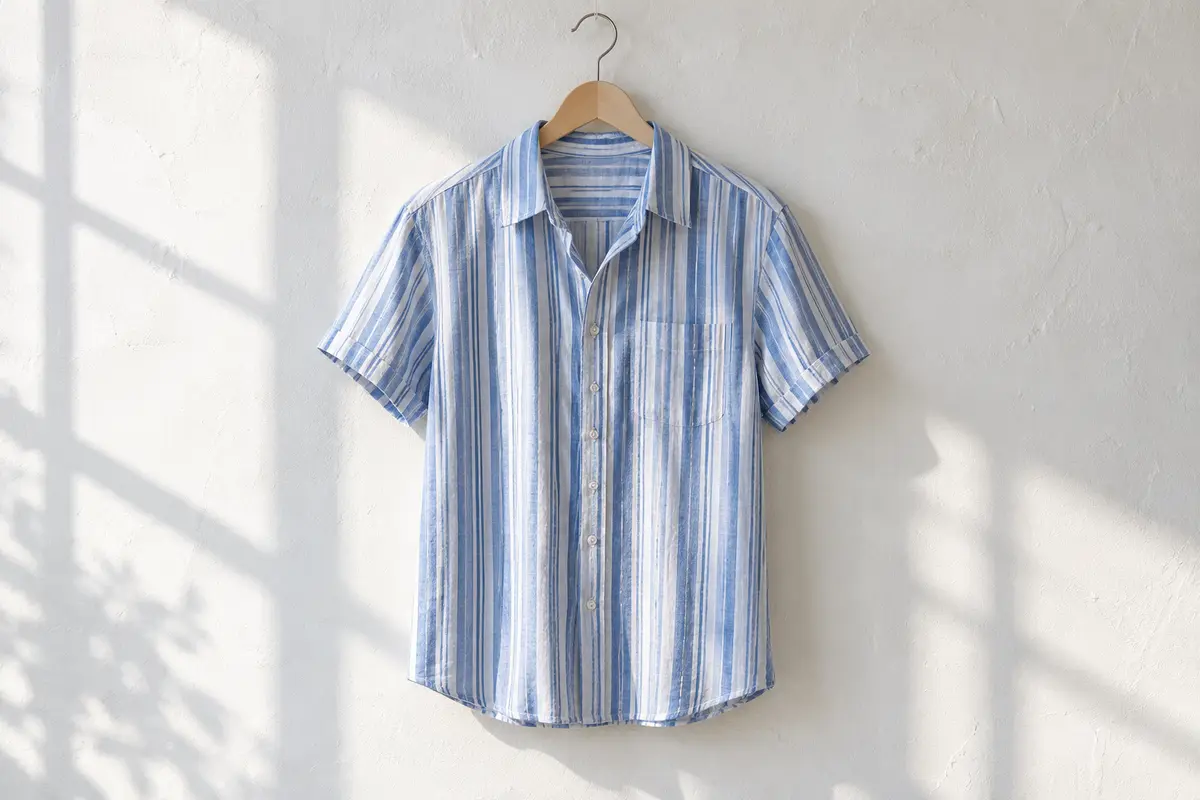 Camisa de lino de manga corta con rayas verticales azules y blancas, colgada en una percha