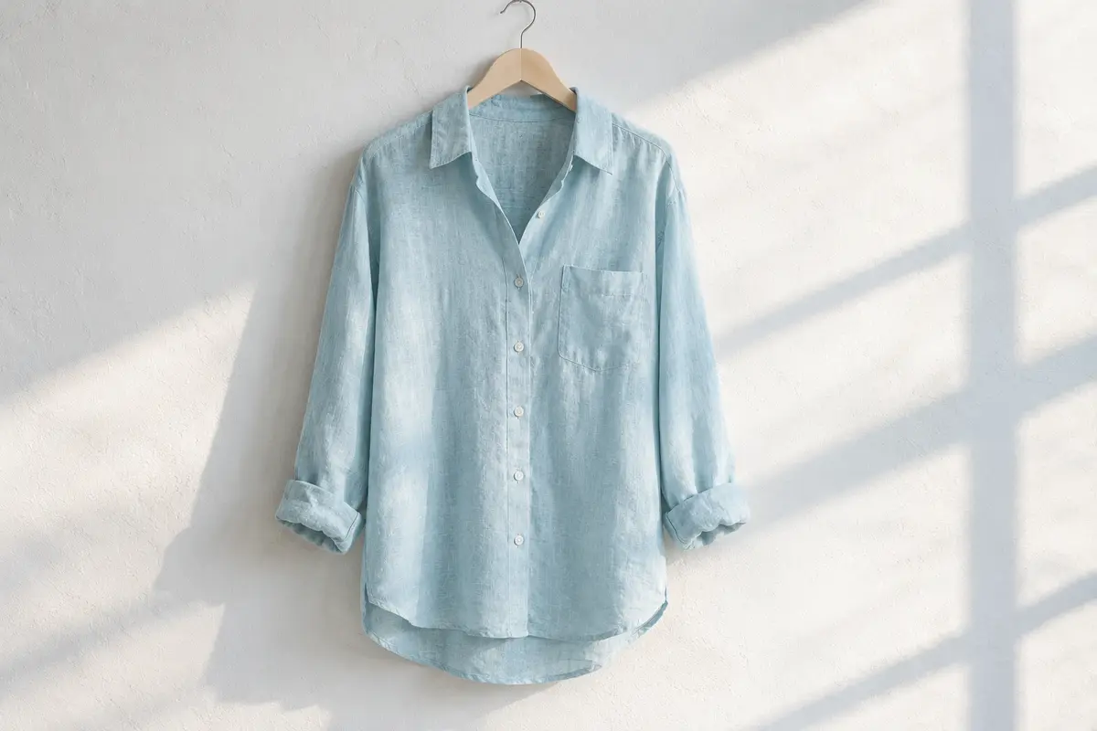 Camisa de lino azul agua de manga larga con bolsillo al pecho y mangas dobladas, colgada en una percha