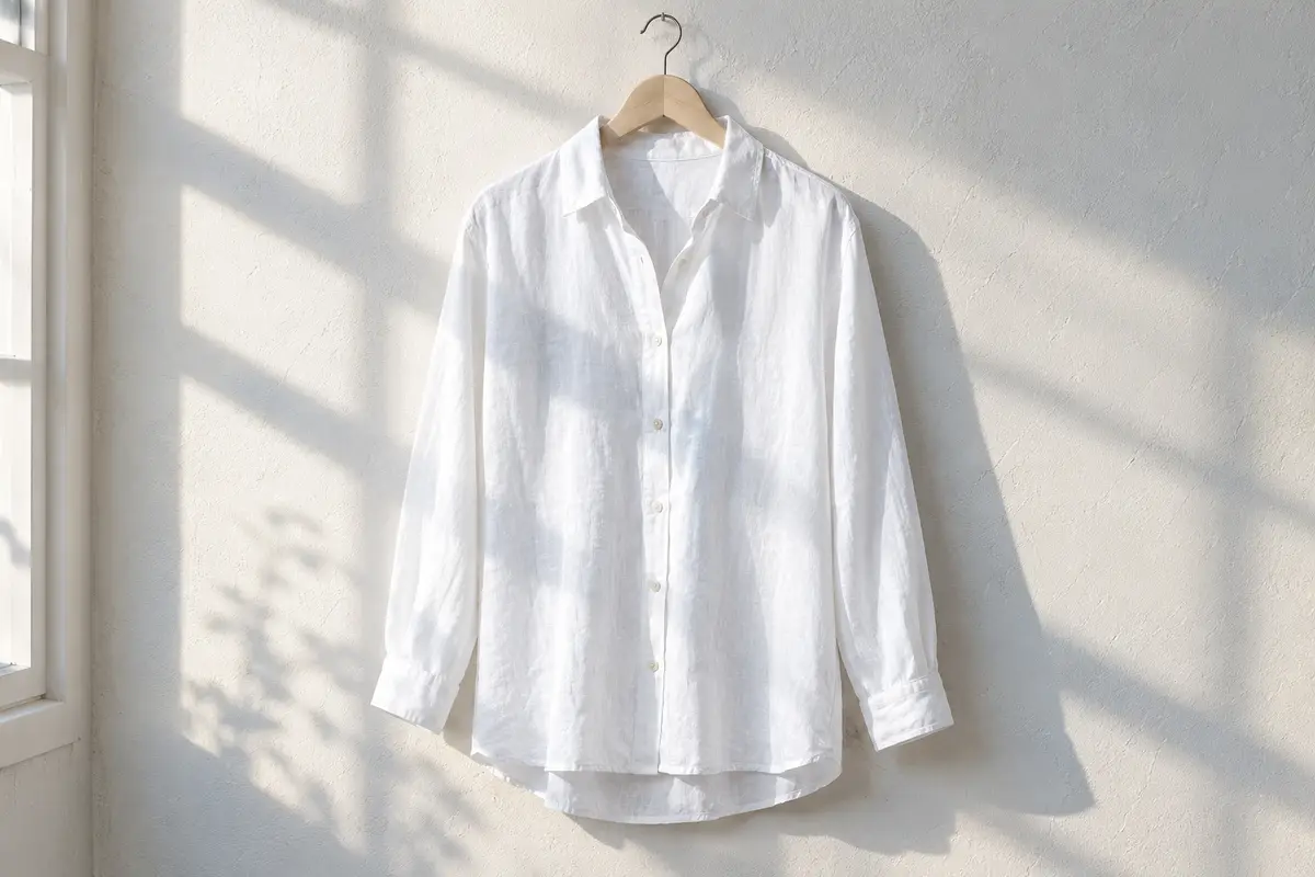 Camisa de lino blanca de manga larga colgada en una percha de madera junto a una ventana
