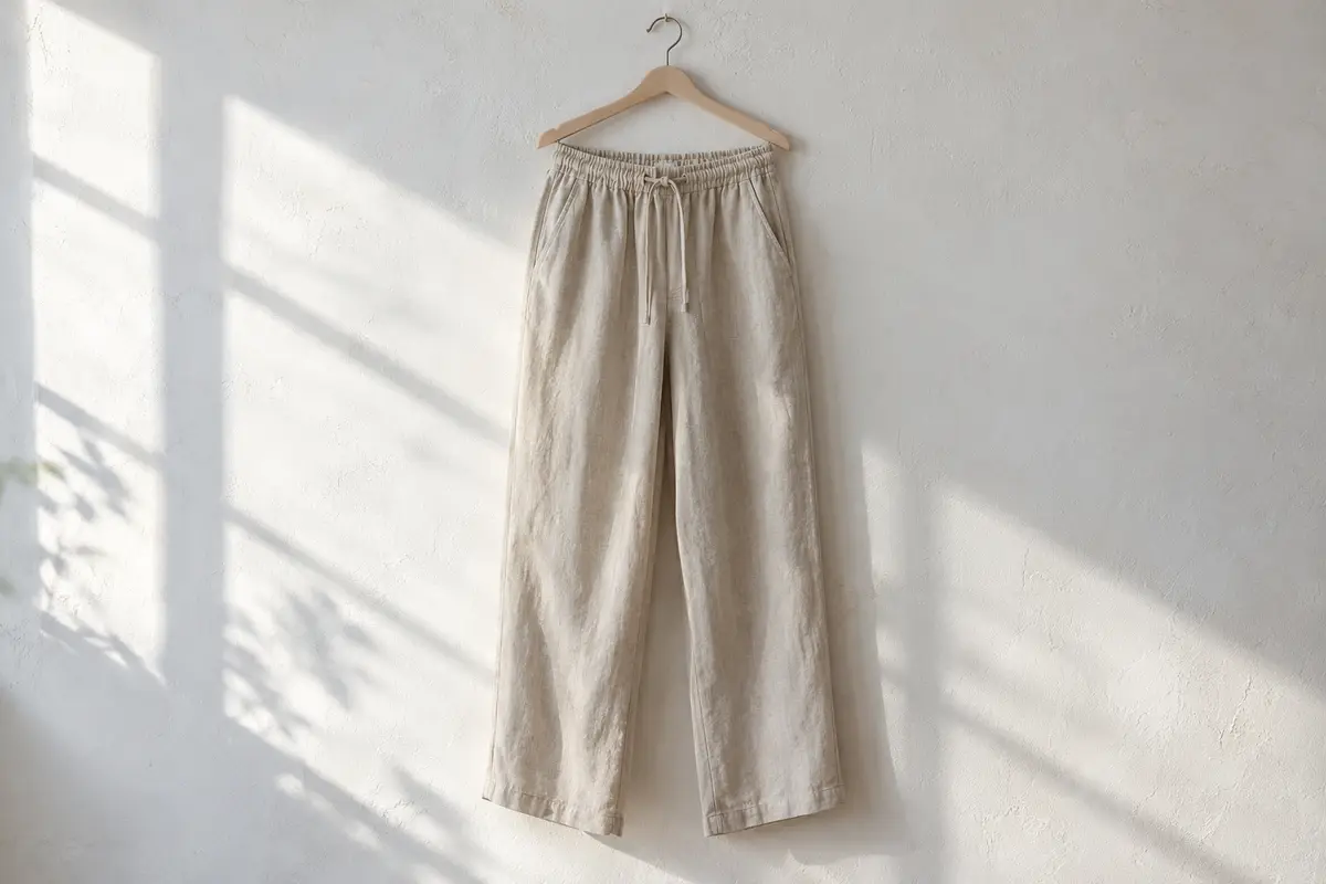 Pantalón de lino color arena con pretina elástica y cordón, de pierna ancha, colgado en una percha