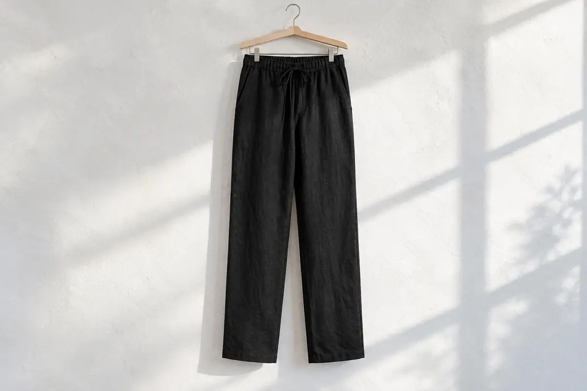 Pantalón negro de lino y algodón, de pierna recta y pretina con cordón, colgado en una percha