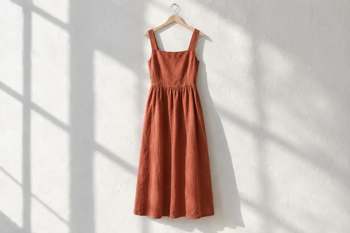 Vestido de lino terracota con tirantes anchos, escote recto y falda fruncida, colgado en una percha